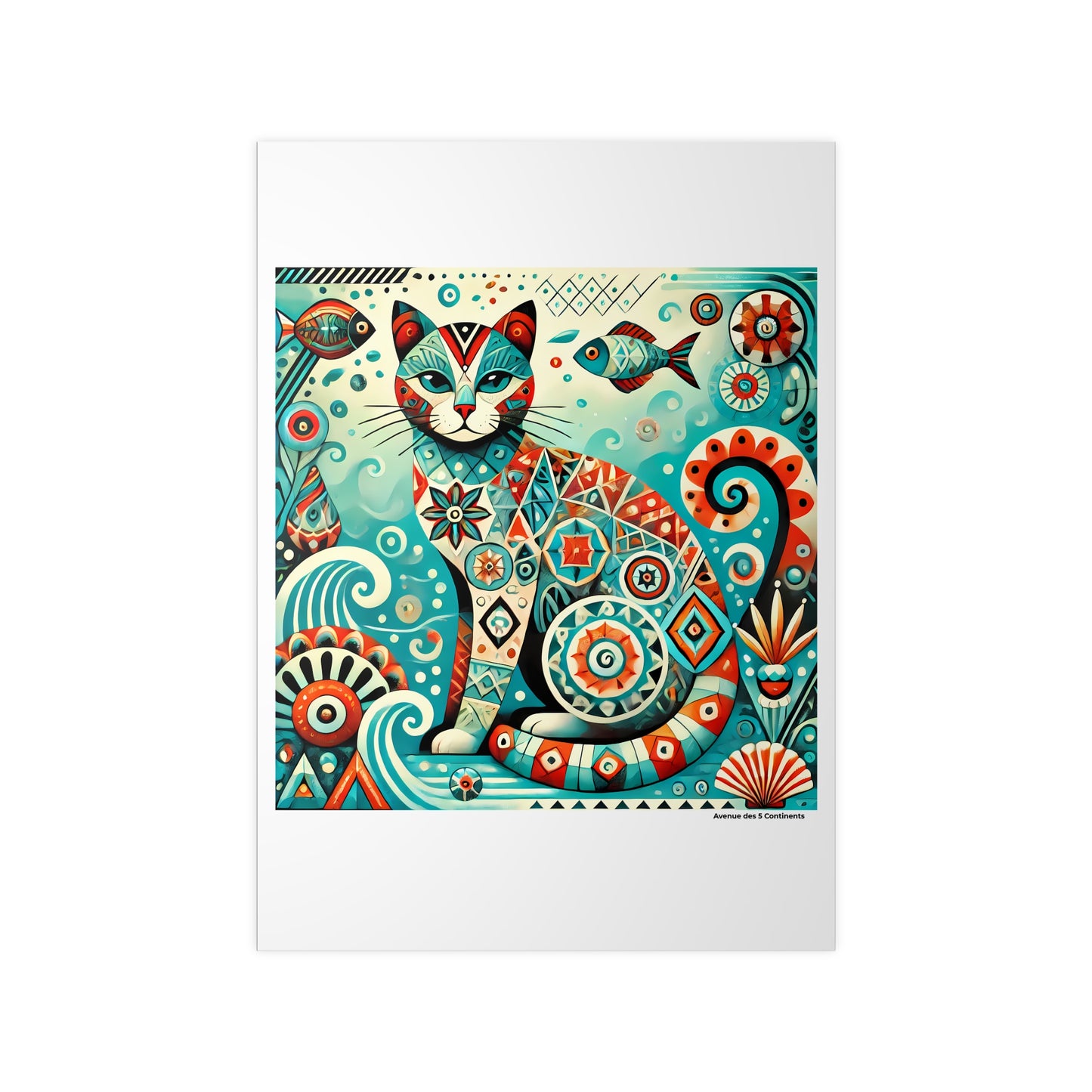 Affiche Artistique Chat Océanien et Poissons du Pacifique, Collection Océanie, Poster d'Art Mural et Décoration Originale