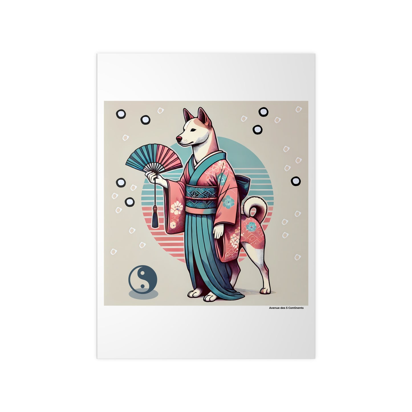 Affiche Artistique Chien Yin et Yang avec Kimono Asiatique et Éventail version 2, Collection Asie, Poster d'Art Mural et Décoration Originale