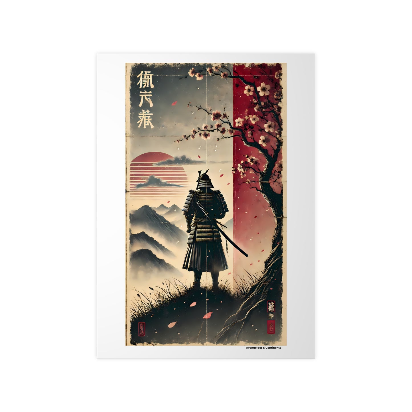 Affiche Artistique Samouraï en Contemplation sous le Cerisier Sakura, Collection Asie, Poster d'Art Mural et Décoration Originale