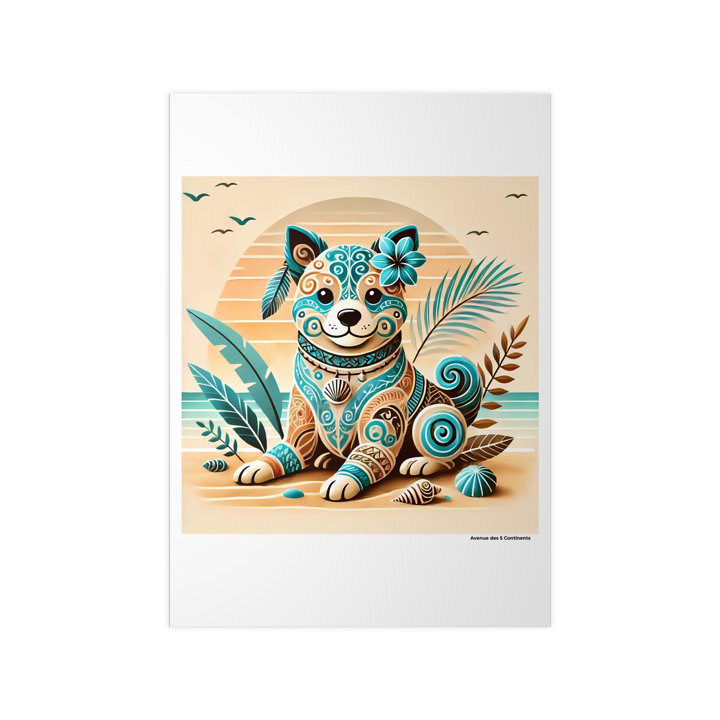 Affiche Artistique Chien Tahitien avec Tatouages et Plumes Tropicales, Collection Océanie, Poster d'Art Mural et Décoration Originale