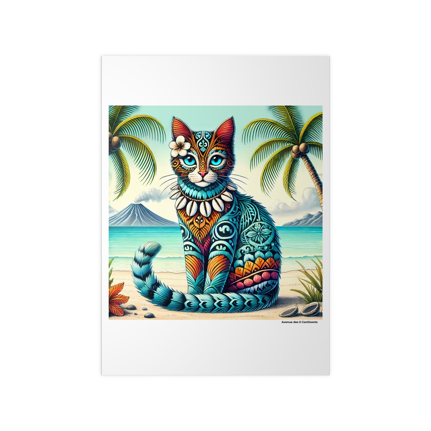 Affiche Artistique Chat Tendance Océanienne, avec Tatouages et Collier de Coquillages, Collection Océanie, Poster d'Art Mural et Décoration Originale