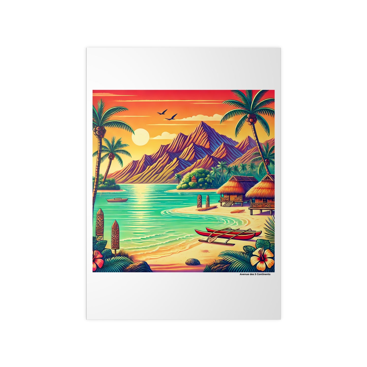 Affiche Artistique Cabanes et Pirogue au bord d'une Plage Océanienne, Collection Océanie, Poster d'Art Mural et Décoration Originale
