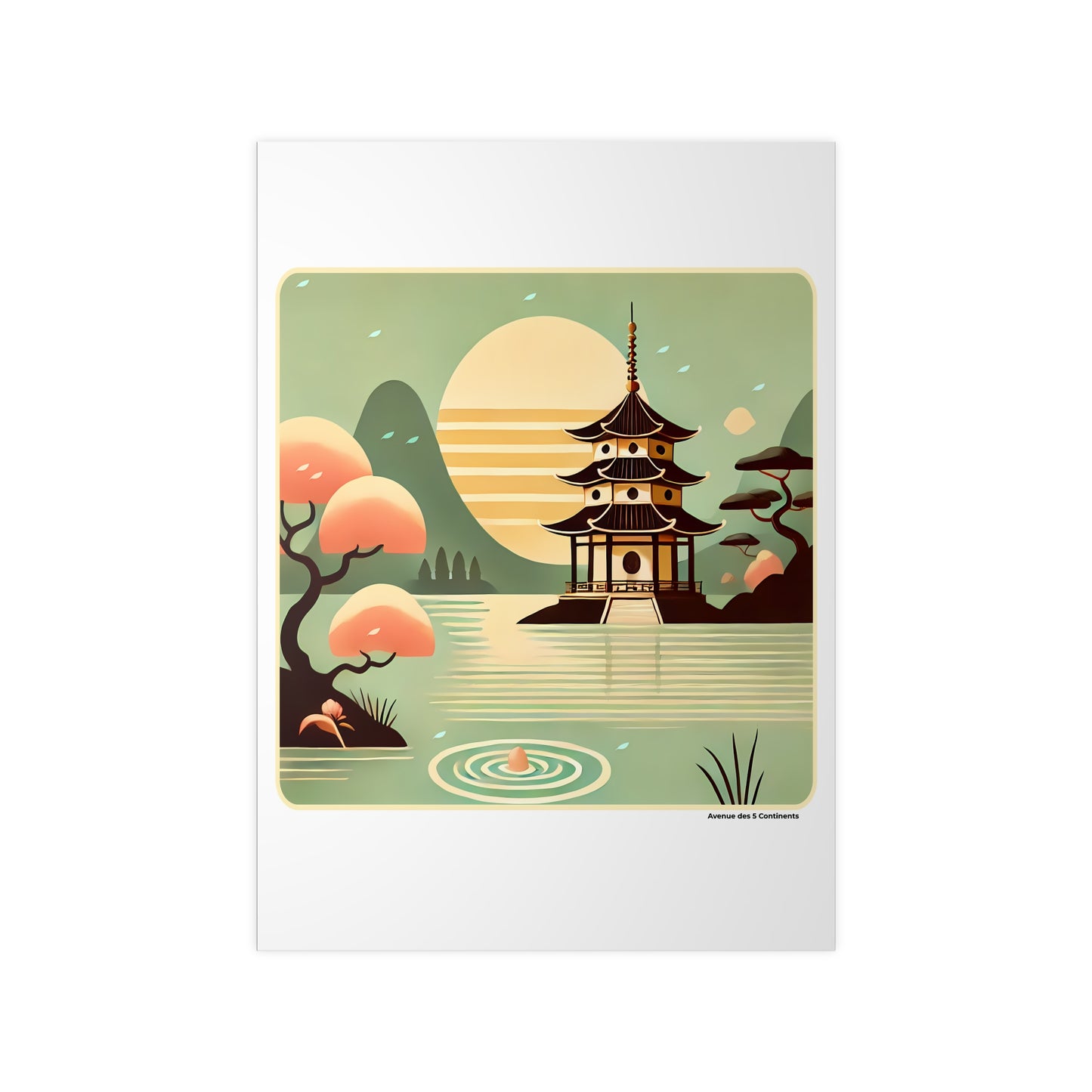 Affiche Artistique Paysage Zen Asiatique : Étang avec Pagode, Bonsaï et Cerisier Sakura, Collection Asie, Poster d'Art Mural et Décoration Originale
