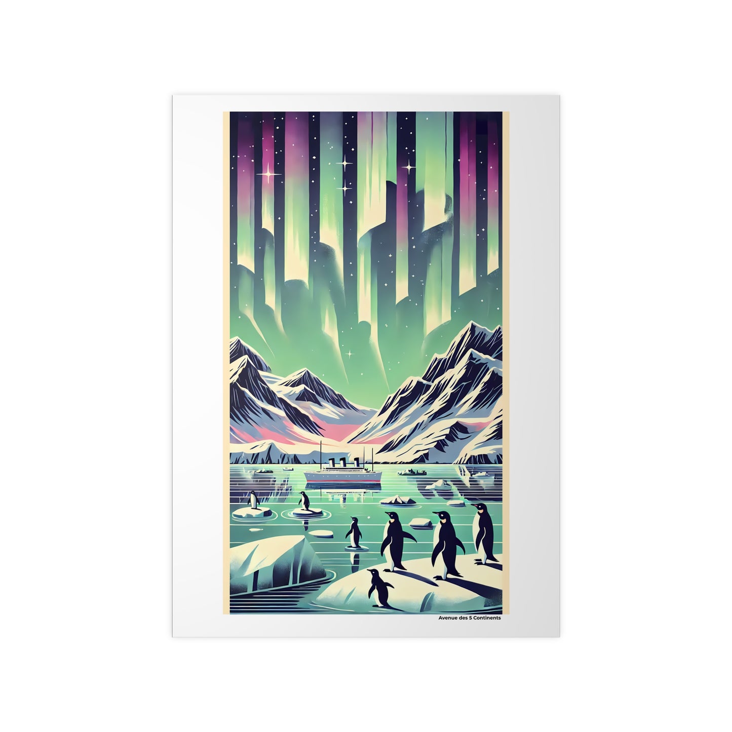 Affiche Artistique Manchots et Navire sous les Aurores Australes de l'Antarctique, Collection Antarctique, Poster d'Art Mural et Décoration Originale