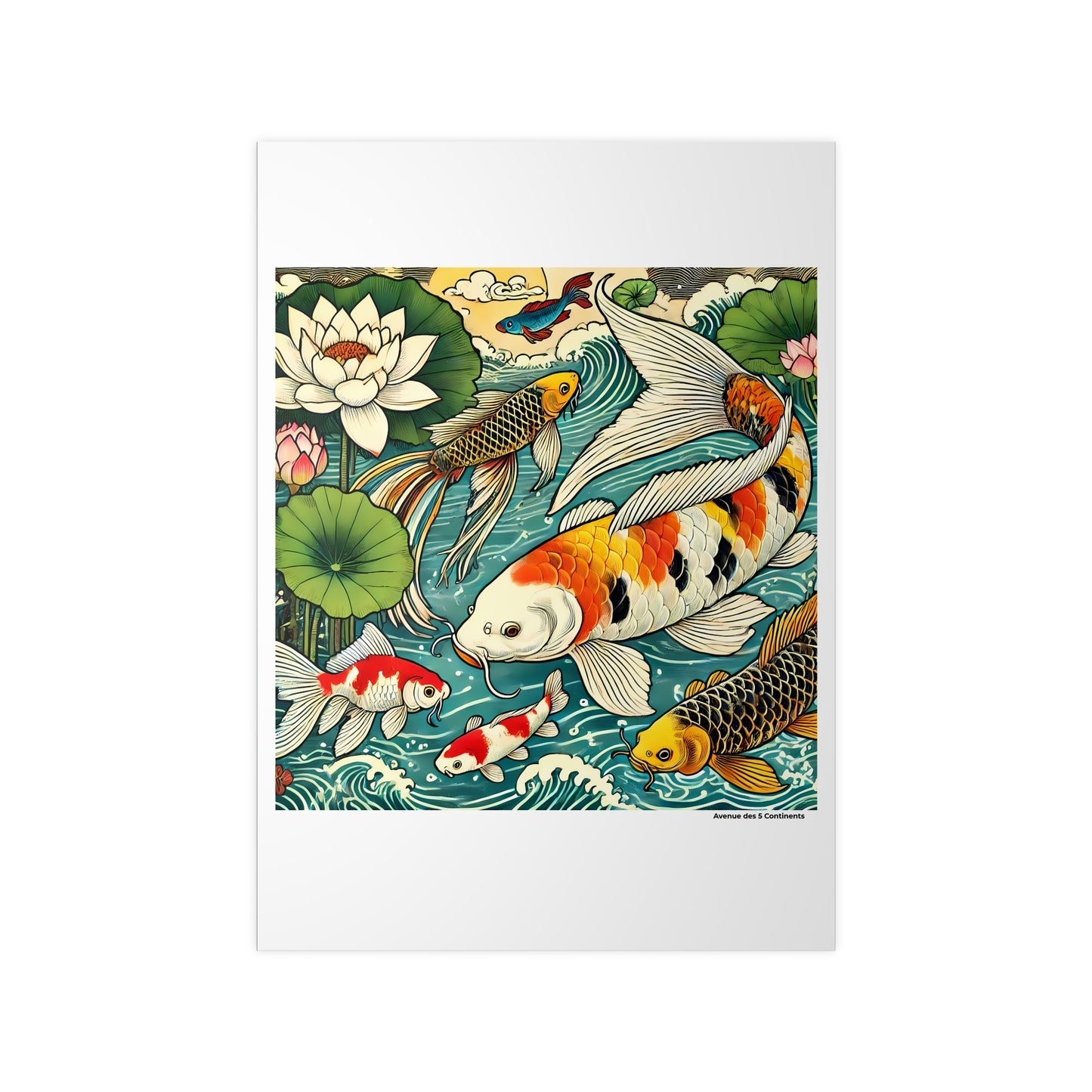 Affiche Artistique Ballet Asiatique d'une Carpe Koi avec Poissons et Nénuphars, Collection Asie, Poster d'Art Mural et Décoration Originale
