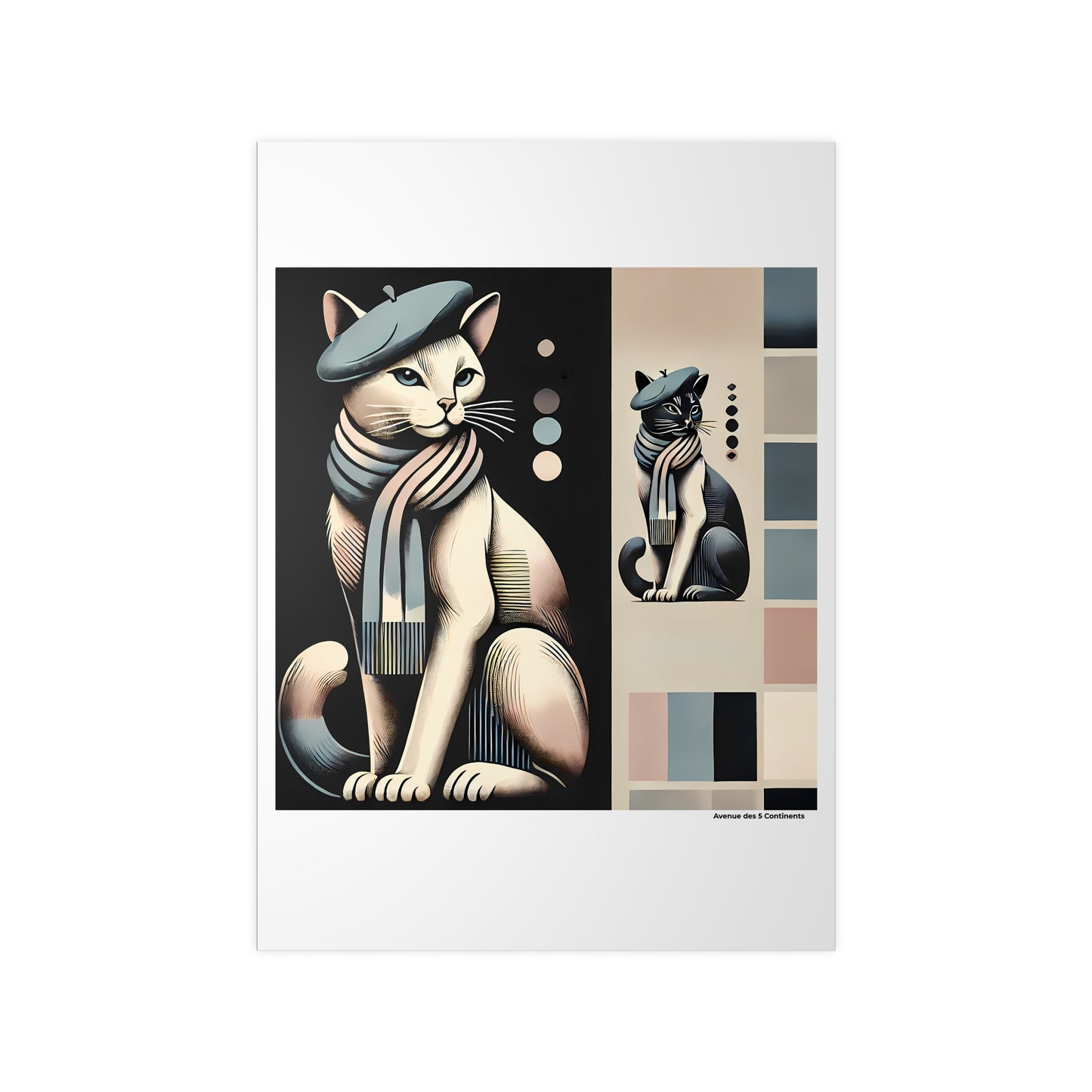 Affiche Artistique Chat à la Française, avec Béret et Écharpe, French Touch, Collection Europe, Poster d'Art Mural et Décoration Originale