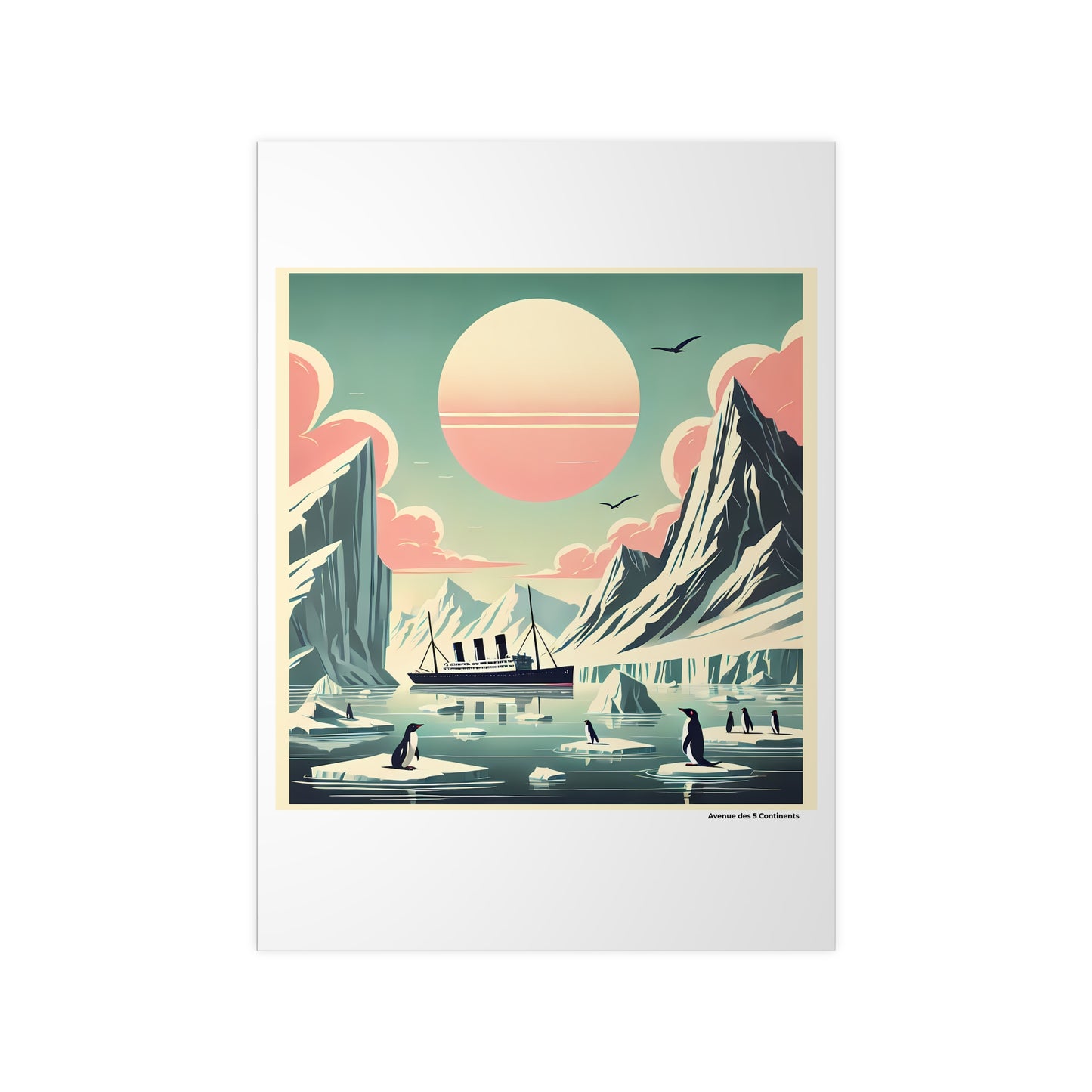 Affiche Artistique Navire au Pôle Sud, Accueilli par les Manchots de l'Antarctique, Collection Antarctique, Poster d'Art Mural et Décoration Originale