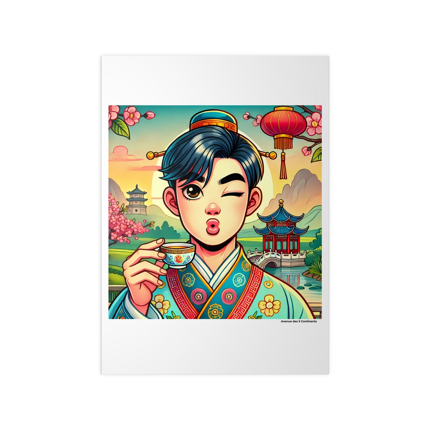 Affiche Artistique Clin d'Œil de l'Homme Asiatique : Instant Traditionnel du Thé à la Pagode, Collection Asie, Poster d'Art Mural et Décoration Originale