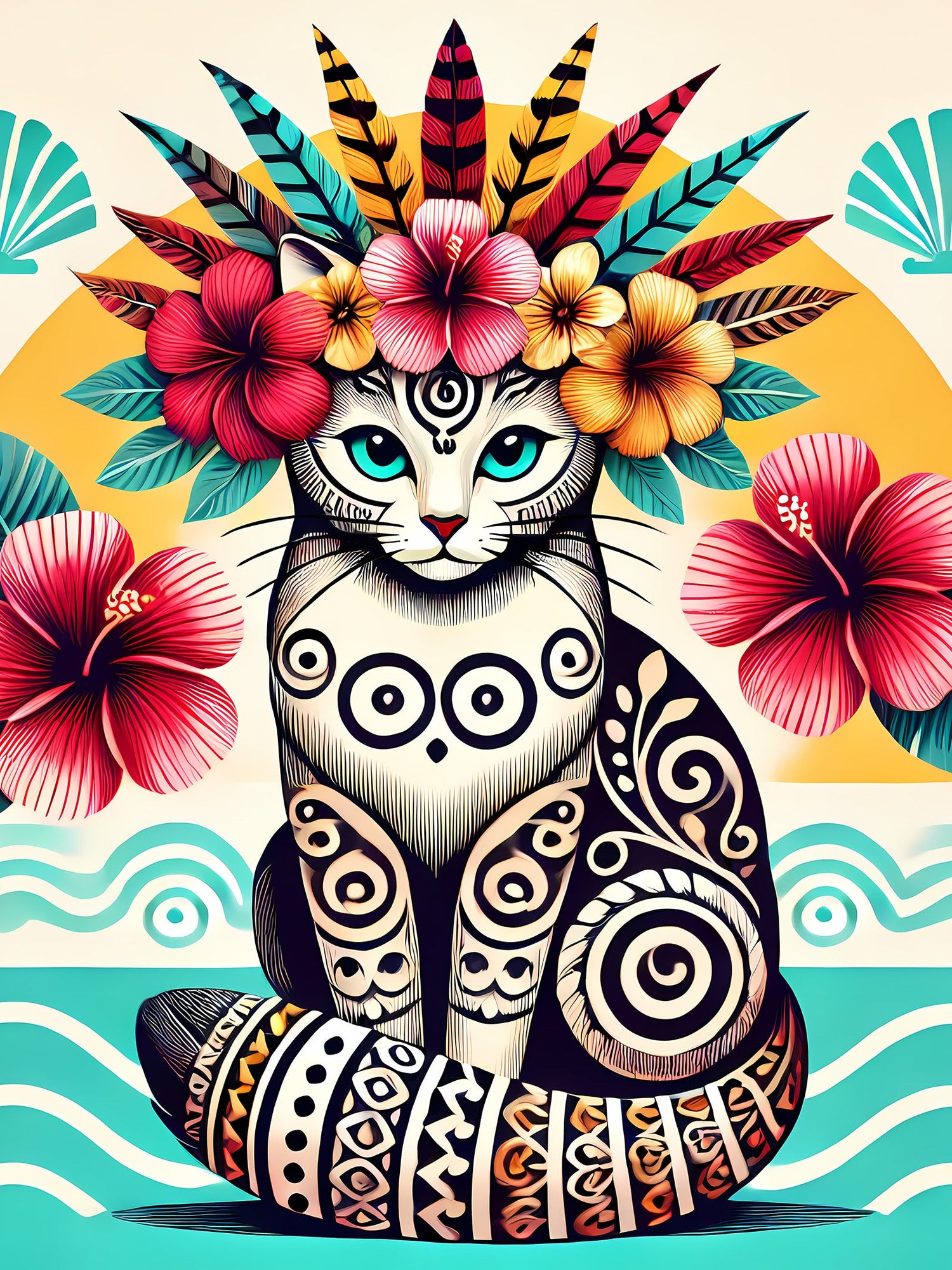 Affiche Artistique Chat Roi du Pacifique avec Tatouages et Couronne Tahitienne, Collection Océanie, Poster d'Art Mural et Décoration Originale