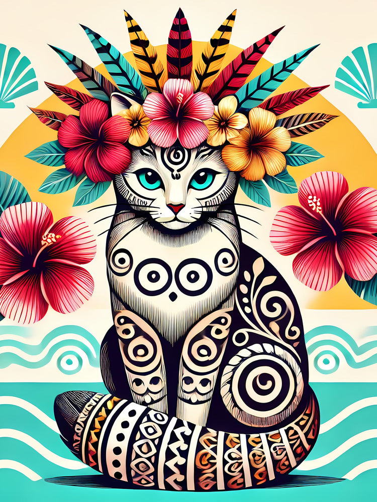Affiche Artistique Chat Roi du Pacifique avec Tatouages et Couronne Tahitienne, Collection Océanie, Poster d'Art Mural et Décoration Originale