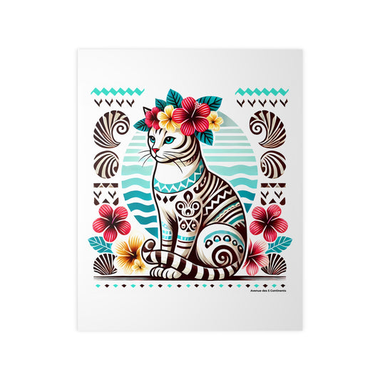Affiche Artistique Chat Océanien au Tatouage Polynésien, Collection Océanie, Poster d'Art Mural et Décoration Originale