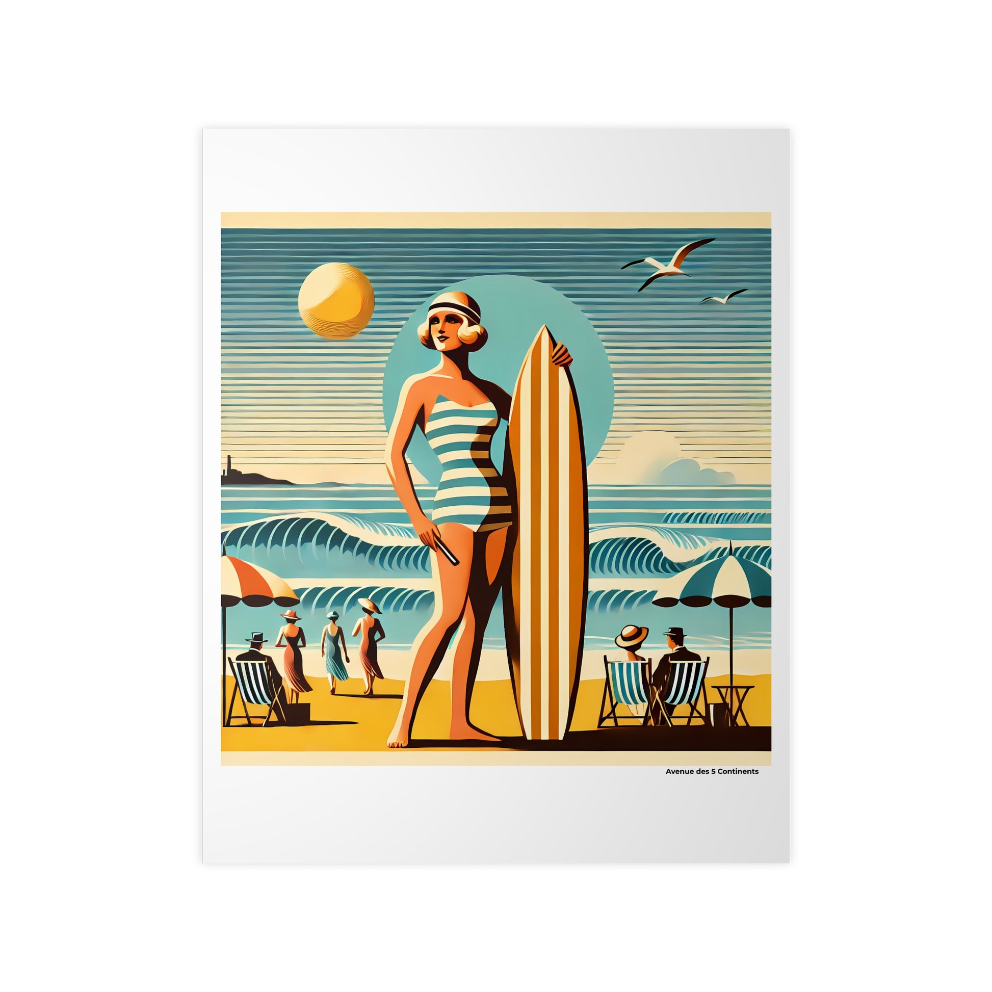 Affiche Artistique Femme Surfeuse en Océanie avec Maillot de Bain Rétro Vintage, Collection Océanie, Poster d'Art Mural et Décoration Originale