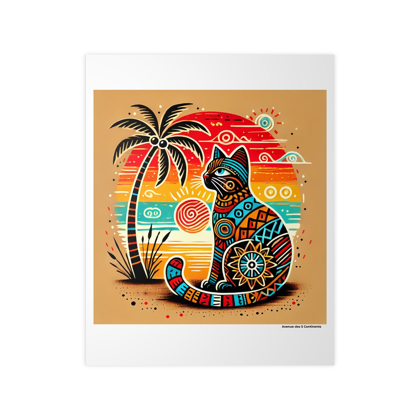 Affiche Artistique Chat Africain Tendance Wax sous un Palmier, Collection Afrique, Poster d'Art Mural et Décoration Originale