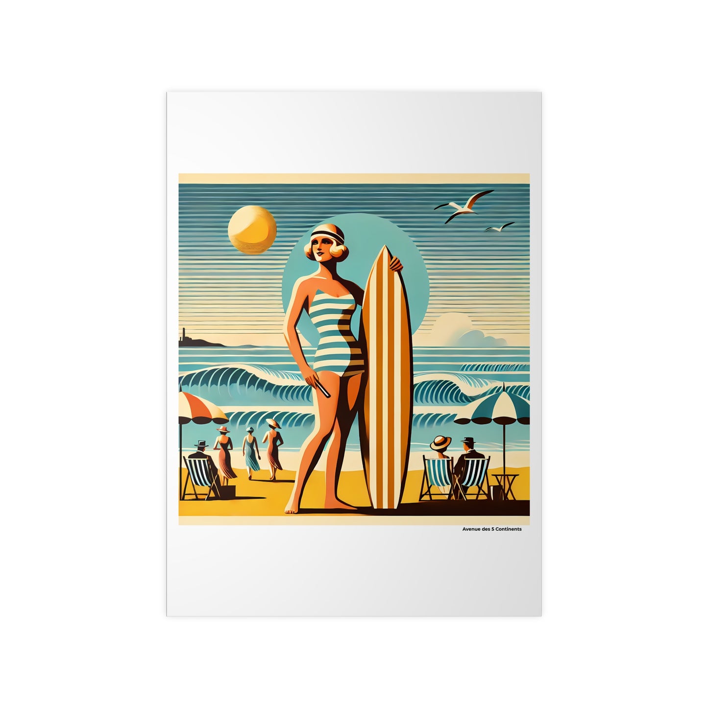 Affiche Artistique Femme Surfeuse en Océanie avec Maillot de Bain Rétro Vintage, Collection Océanie, Poster d'Art Mural et Décoration Originale