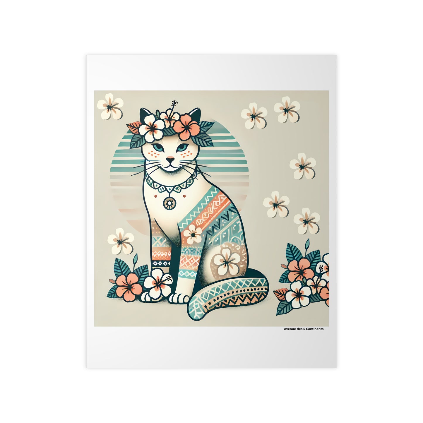 Affiche Artistique Chat Tahitien avec Tatouages et Fleurs Tropicales, Collection Océanie, Poster d'Art Mural et Décoration Originale