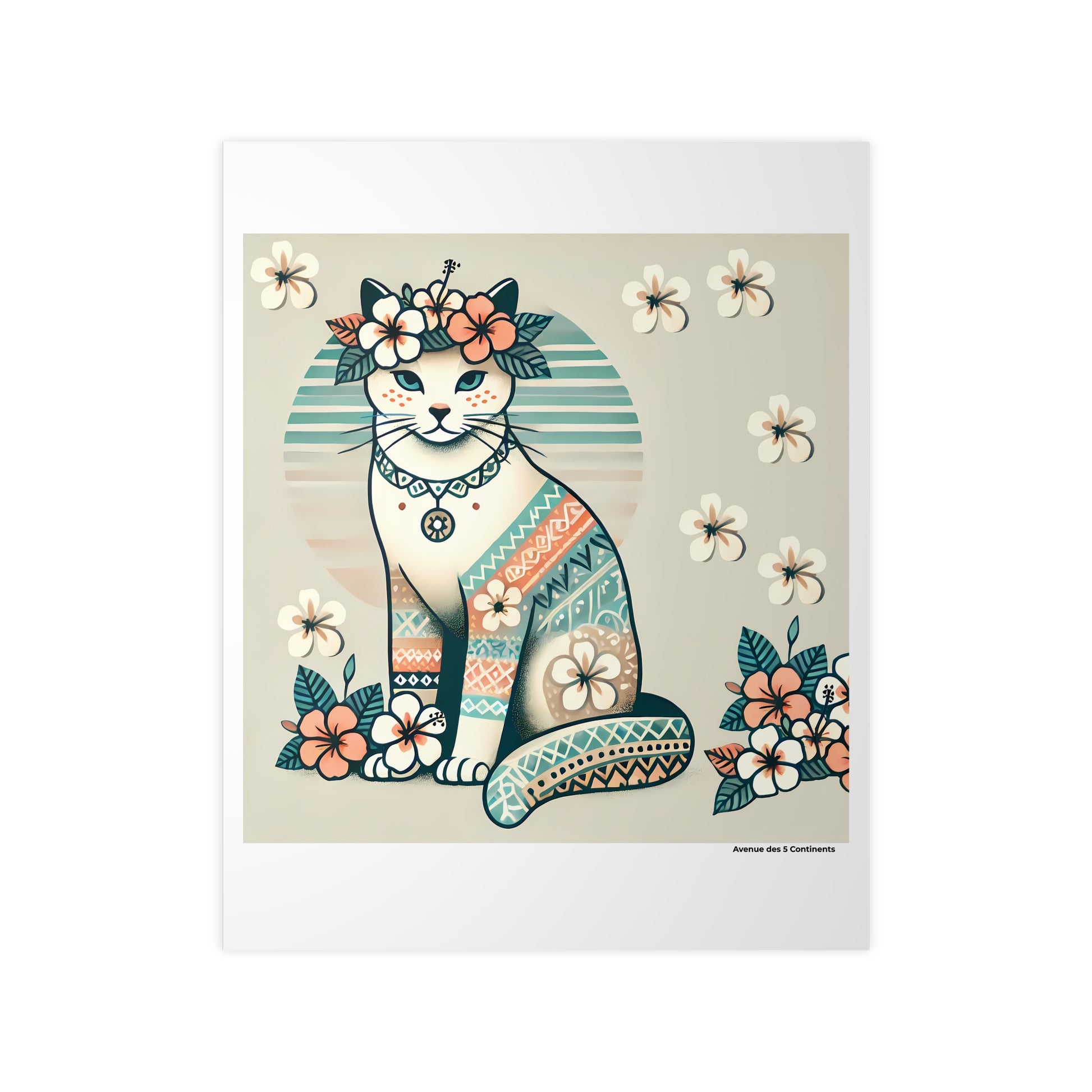 Affiche Artistique Chat Tahitien avec Tatouages et Fleurs Tropicales, Collection Océanie, Poster d'Art Mural et Décoration Originale