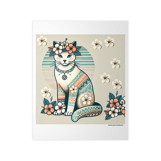 Affiche Artistique Chat Tahitien avec Tatouages et Fleurs Tropicales, Collection Océanie, Poster d'Art Mural et Décoration Originale
