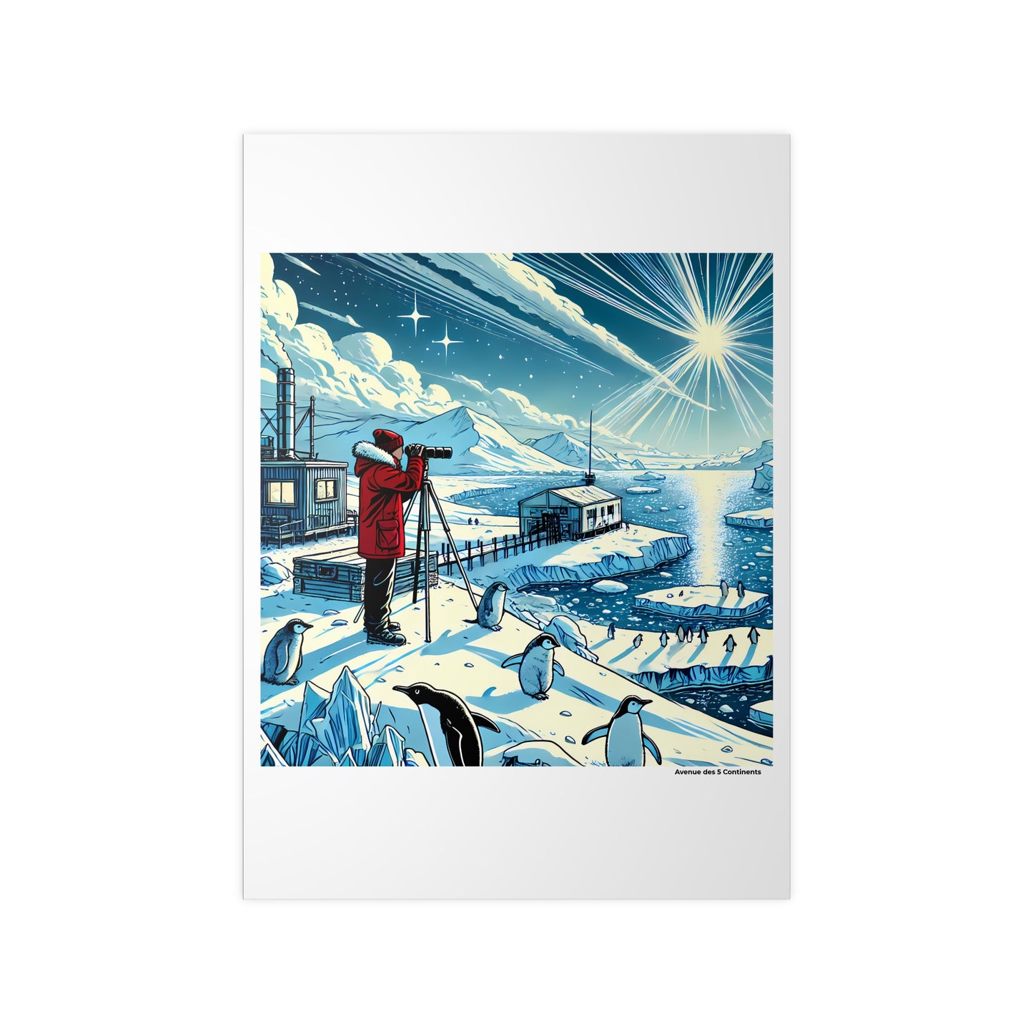 Affiche Artistique Explorateur Chercheur Scientifique avec Manchots : Mission Antarctique, Collection Antarctique, Poster d'Art Mural et Décoration Originale