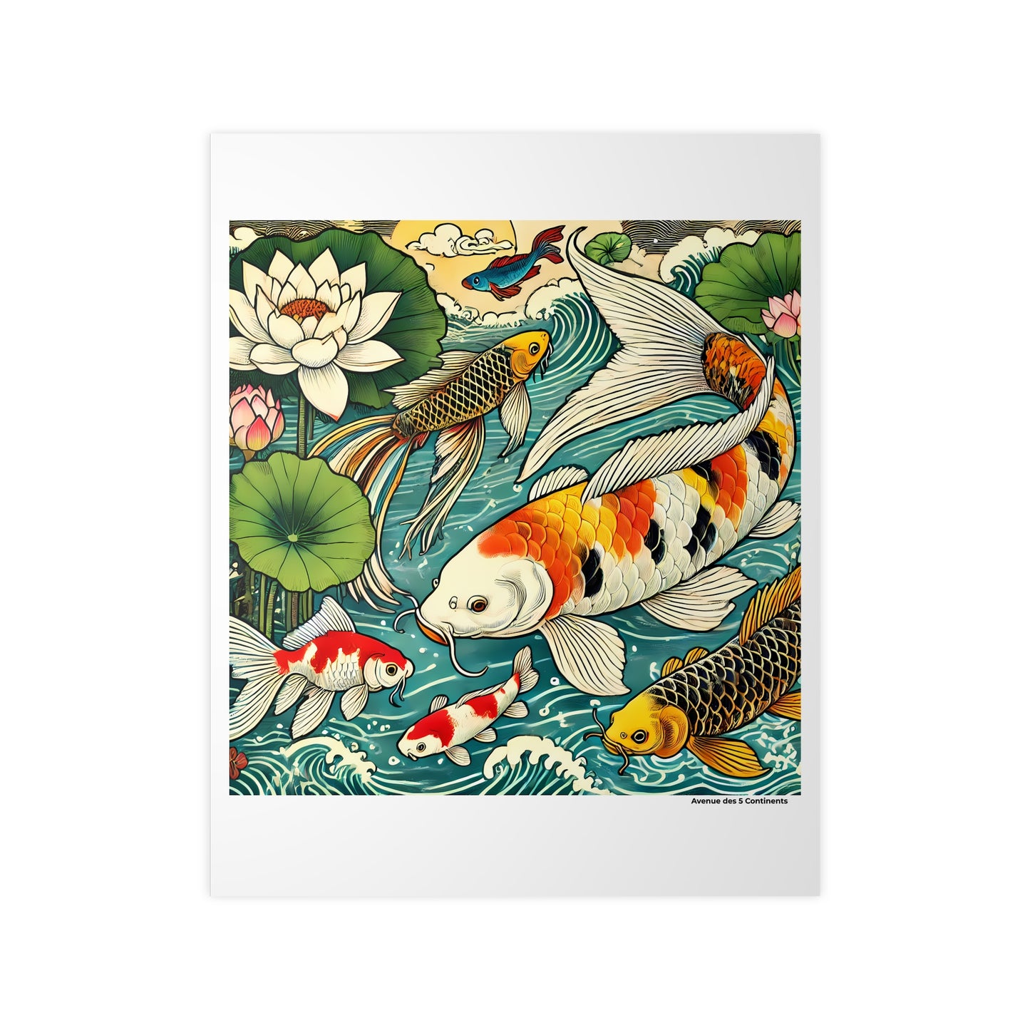 Affiche Artistique Ballet Asiatique d'une Carpe Koi avec Poissons et Nénuphars, Collection Asie, Poster d'Art Mural et Décoration Originale