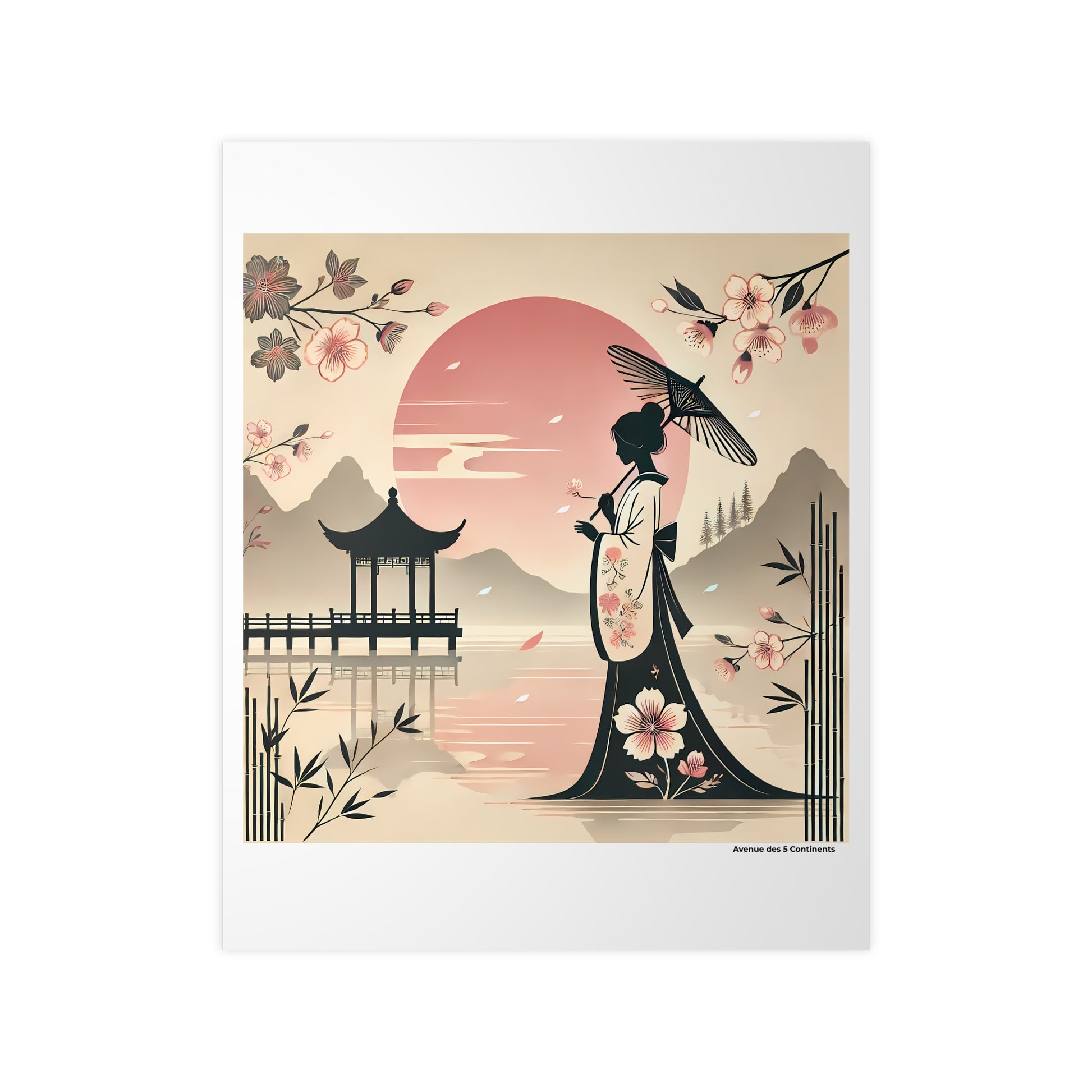 Affiche Artistique Promenade d'une Japonaise en Kimono Fleuri avec Nœud d'Obi et Ombrelle Wagasa, Collection Asie, Poster d'Art Mural et Décoration Originale