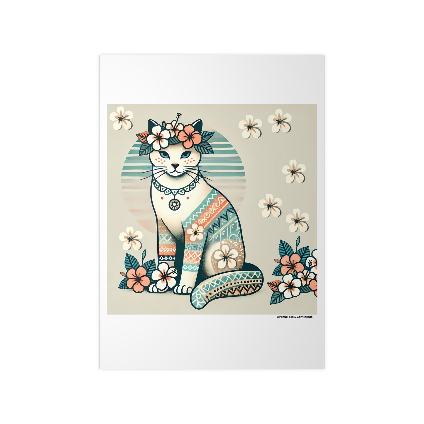 Affiche Artistique Chat Tahitien avec Tatouages et Fleurs Tropicales, Collection Océanie, Poster d'Art Mural et Décoration Originale