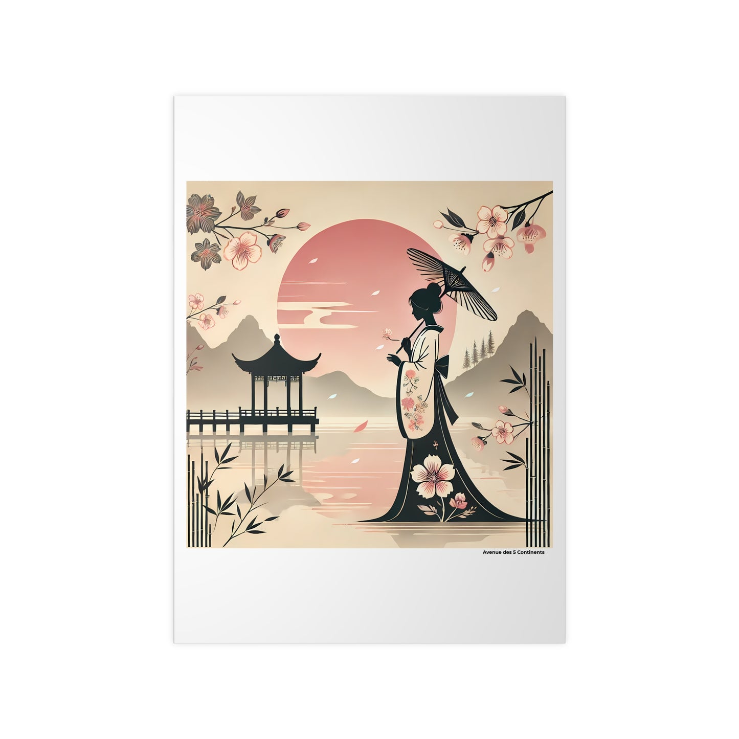 Affiche Artistique Promenade d'une Japonaise en Kimono Fleuri avec Nœud d'Obi et Ombrelle Wagasa, Collection Asie, Poster d'Art Mural et Décoration Originale
