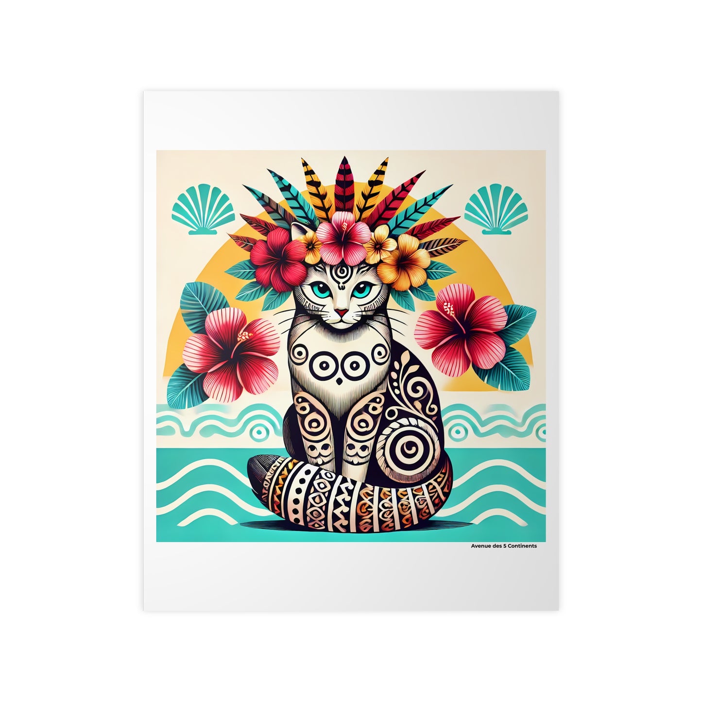 Affiche Artistique Chat Roi du Pacifique avec Tatouages et Couronne Tahitienne, Collection Océanie, Poster d'Art Mural et Décoration Originale