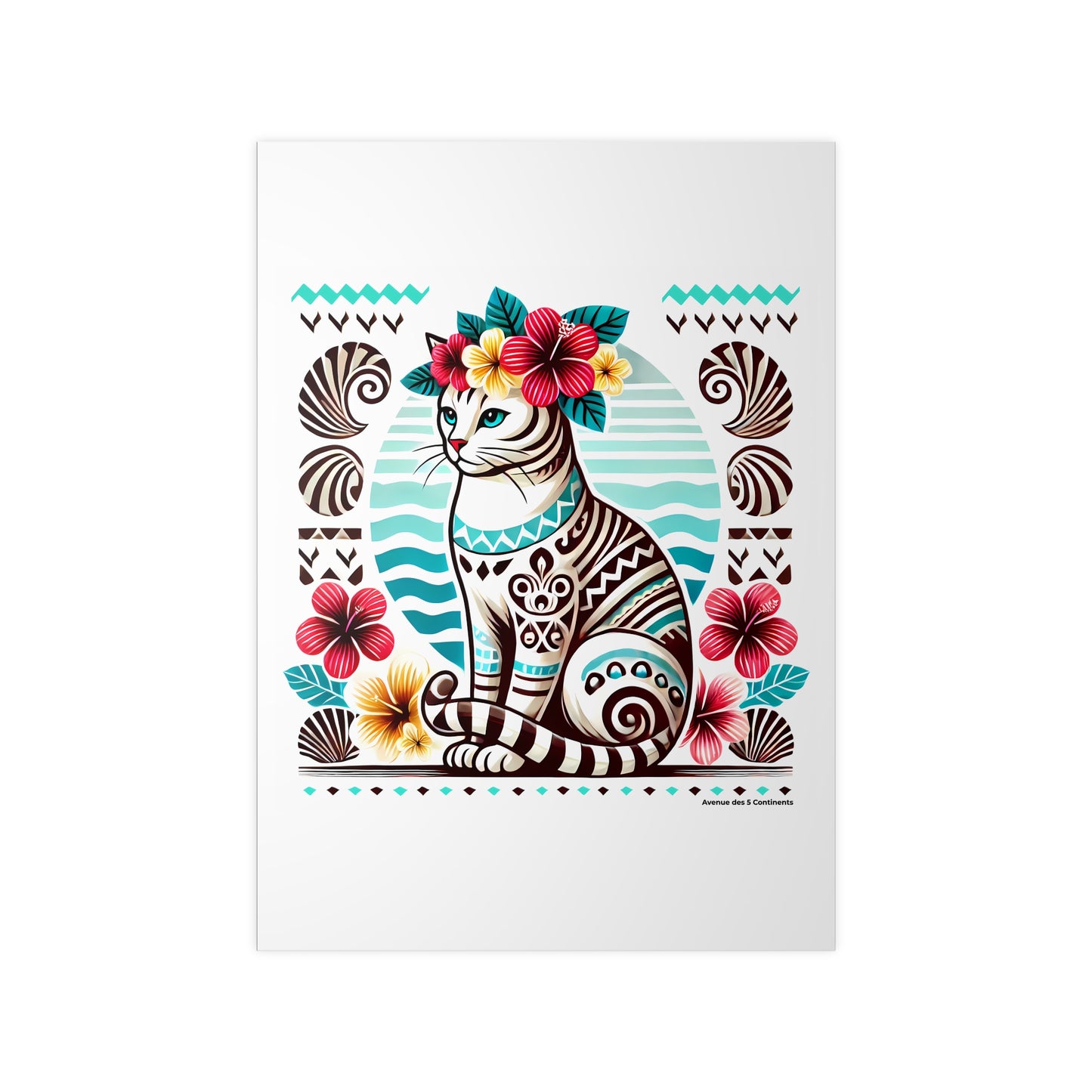 Affiche Artistique Chat Océanien au Tatouage Polynésien, Collection Océanie, Poster d'Art Mural et Décoration Originale
