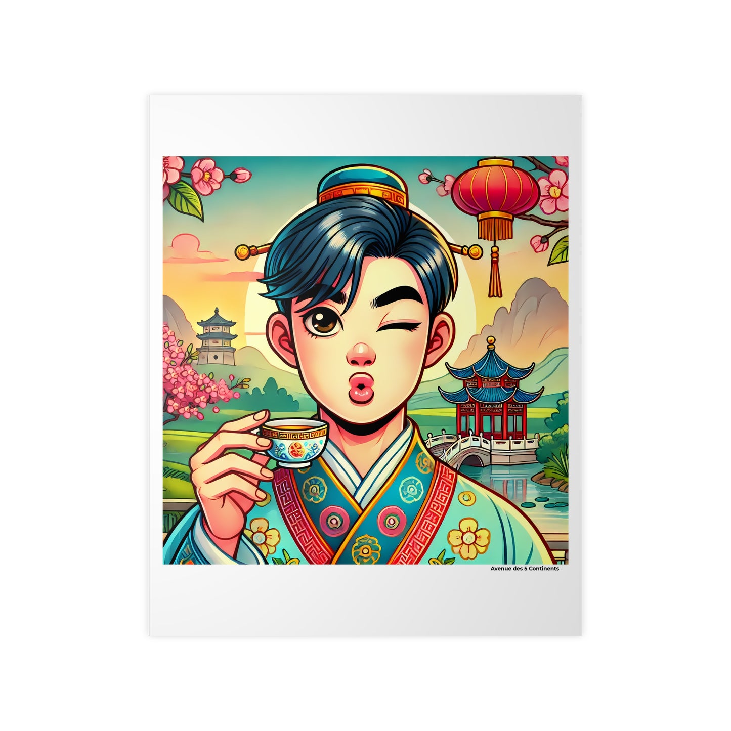 Affiche Artistique Clin d'Œil de l'Homme Asiatique : Instant Traditionnel du Thé à la Pagode, Collection Asie, Poster d'Art Mural et Décoration Originale
