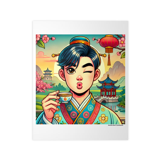 Affiche Artistique Clin d'Œil de l'Homme Asiatique : Instant Traditionnel du Thé à la Pagode, Collection Asie, Poster d'Art Mural et Décoration Originale