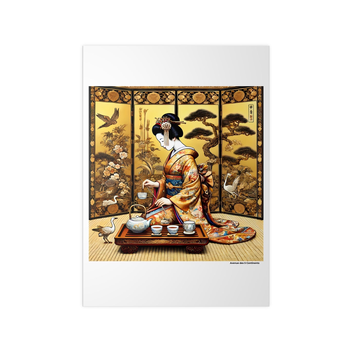 Affiche Artistique Cérémonie du Thé de la Geisha derrière le Paravent, Collection Asie, Poster d'Art Mural et Décoration Originale