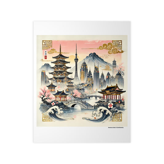 Affiche Artistique L'Âme de Tokyo : entre Pagodes, Cerisiers, Tour Skytree, et Gratte-ciel, Collection Asie, Poster d'Art Mural et Décoration Originale
