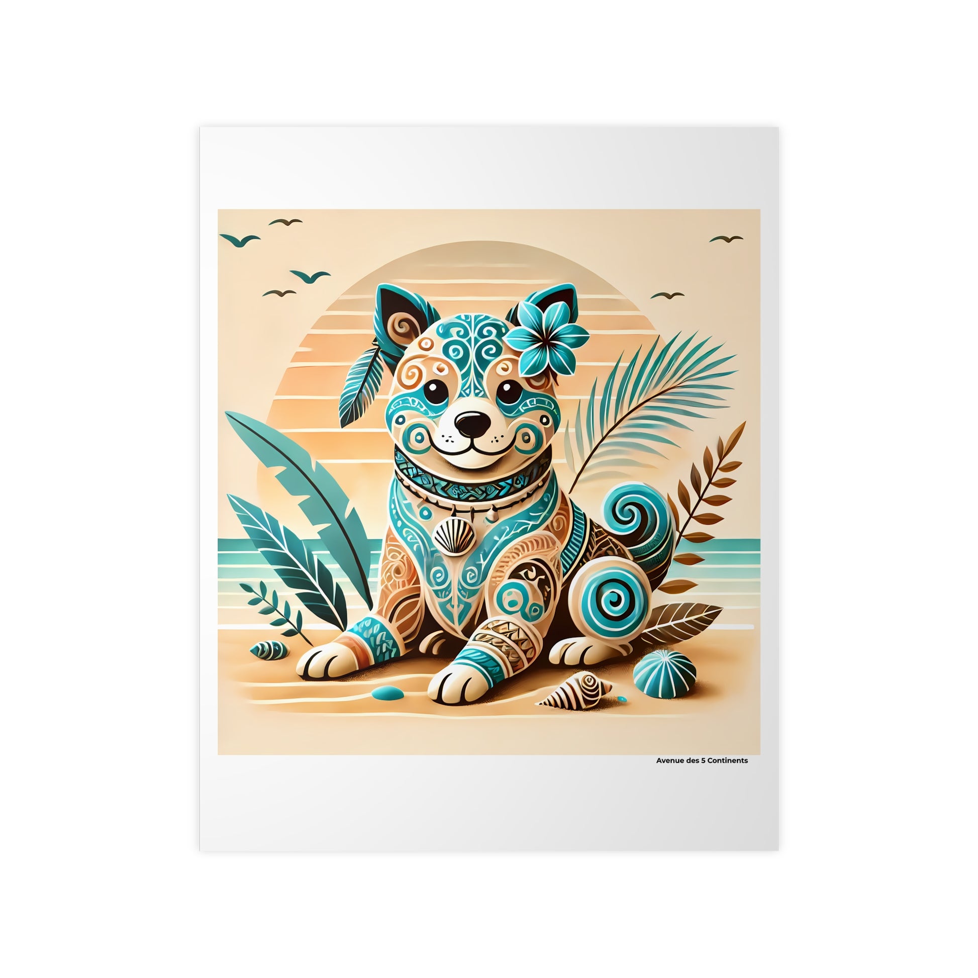 Affiche Artistique Chien Tahitien avec Tatouages et Plumes Tropicales, Collection Océanie, Poster d'Art Mural et Décoration Originale