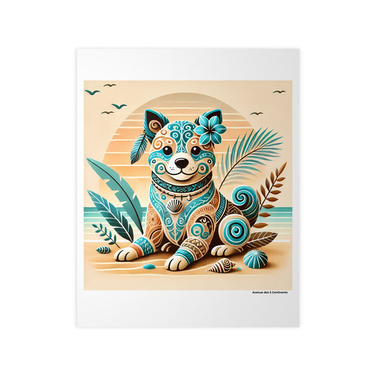 Affiche Artistique Chien Tahitien avec Tatouages et Plumes Tropicales, Collection Océanie, Poster d'Art Mural et Décoration Originale