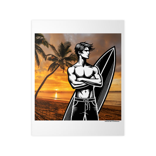 Affiche Artistique Homme Surfeur : Spot sous les Palmiers en Océanie, Collection Océanie, Poster d'Art Mural et Décoration Originale