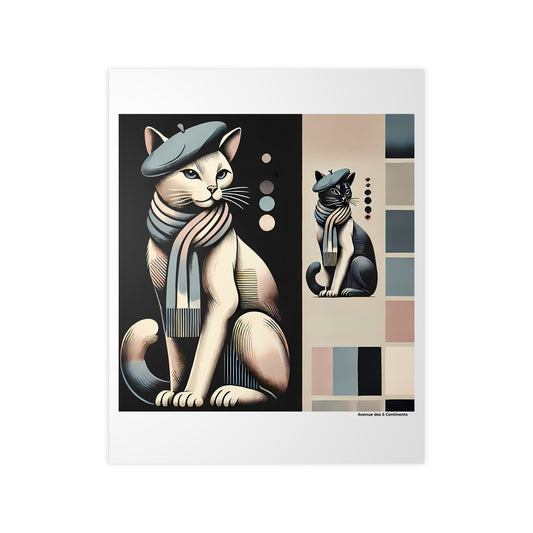 Affiche Artistique Chat à la Française, avec Béret et Écharpe, French Touch, Collection Europe, Poster d'Art Mural et Décoration Originale