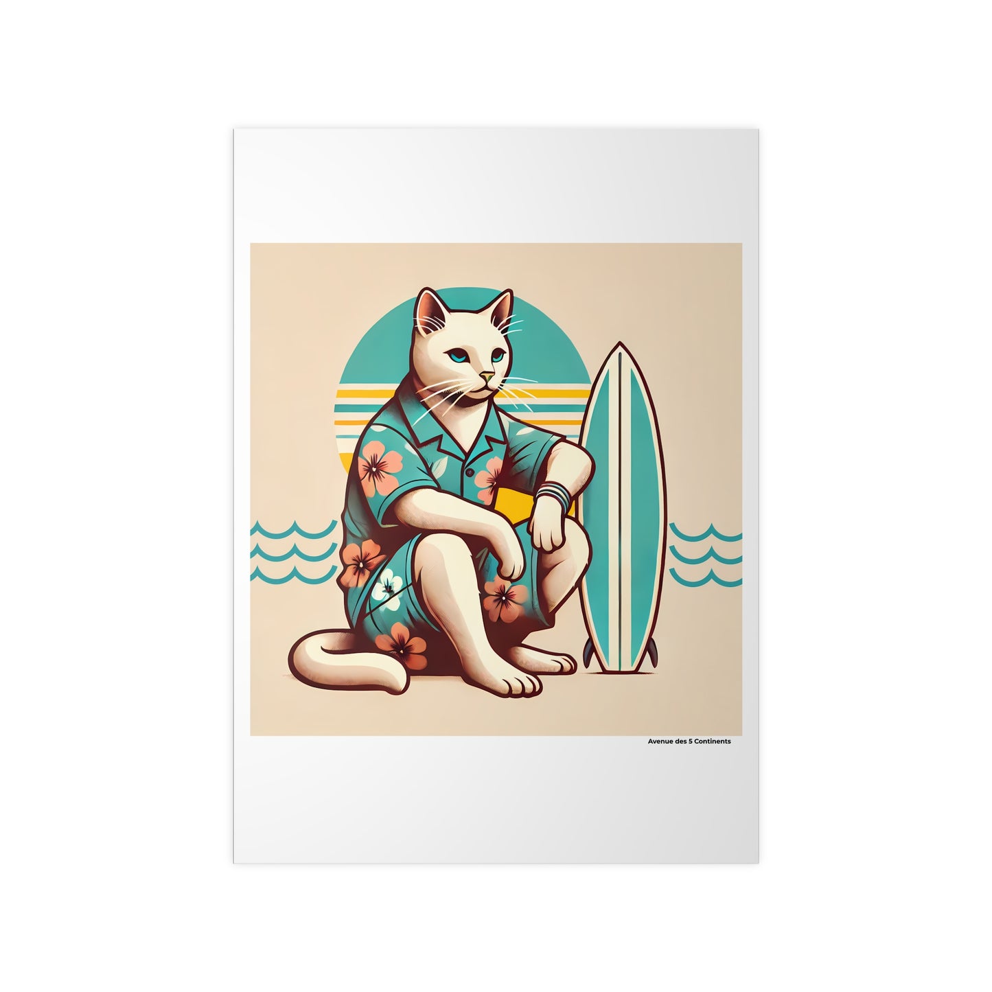 Affiche Artistique Chat en Polynésie avec Surf et Chemise Hawaïenne, Collection Océanie, Poster d'Art Mural et Décoration Originale