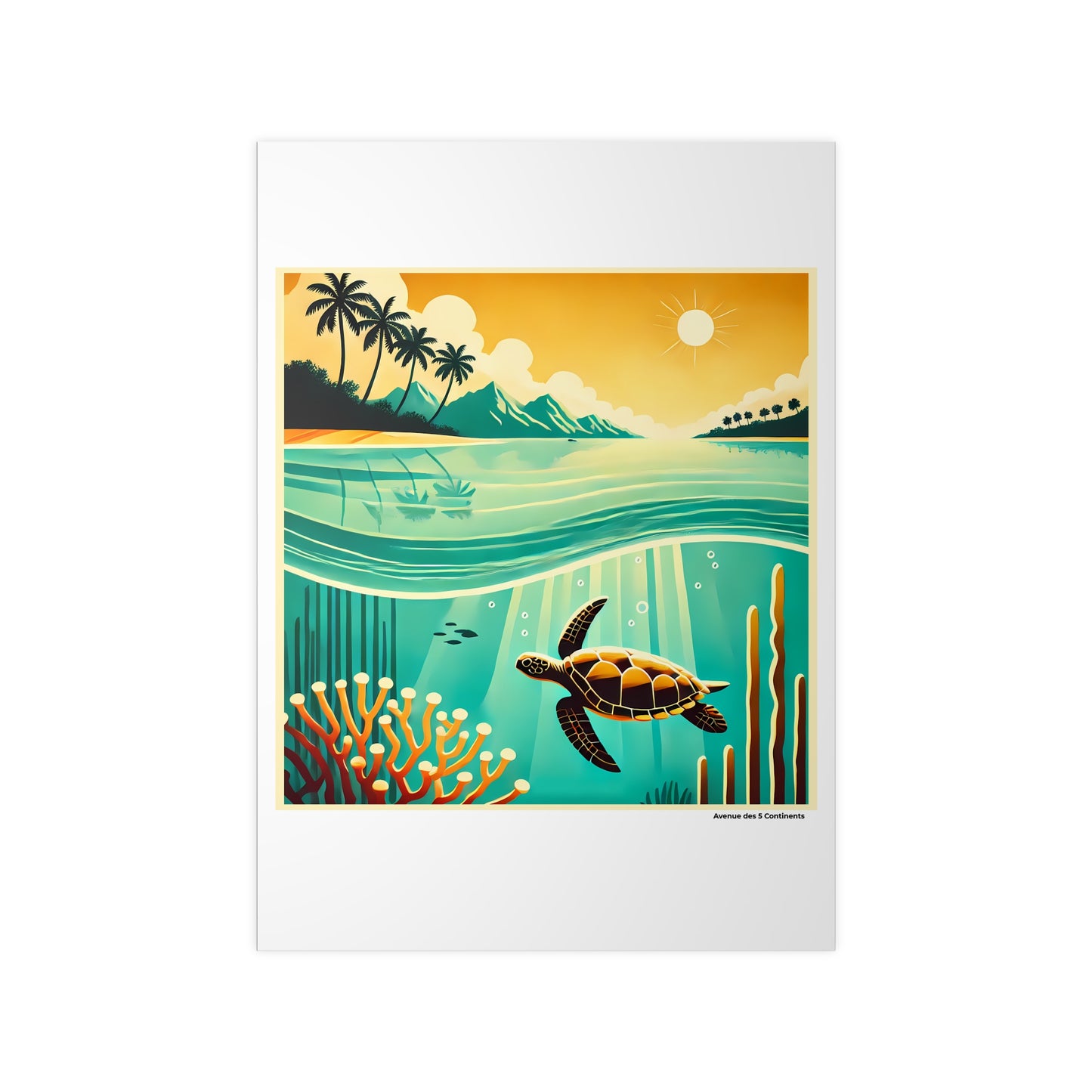 Affiche Artistique Tortue d'Océanie dans la Mer de Corail, Collection Océanie, Poster d'Art Mural et Décoration Originale