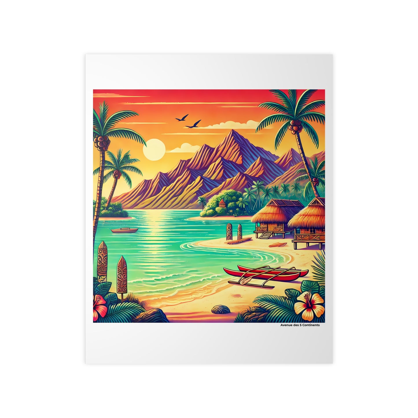Affiche Artistique Cabanes et Pirogue au bord d'une Plage Océanienne, Collection Océanie, Poster d'Art Mural et Décoration Originale