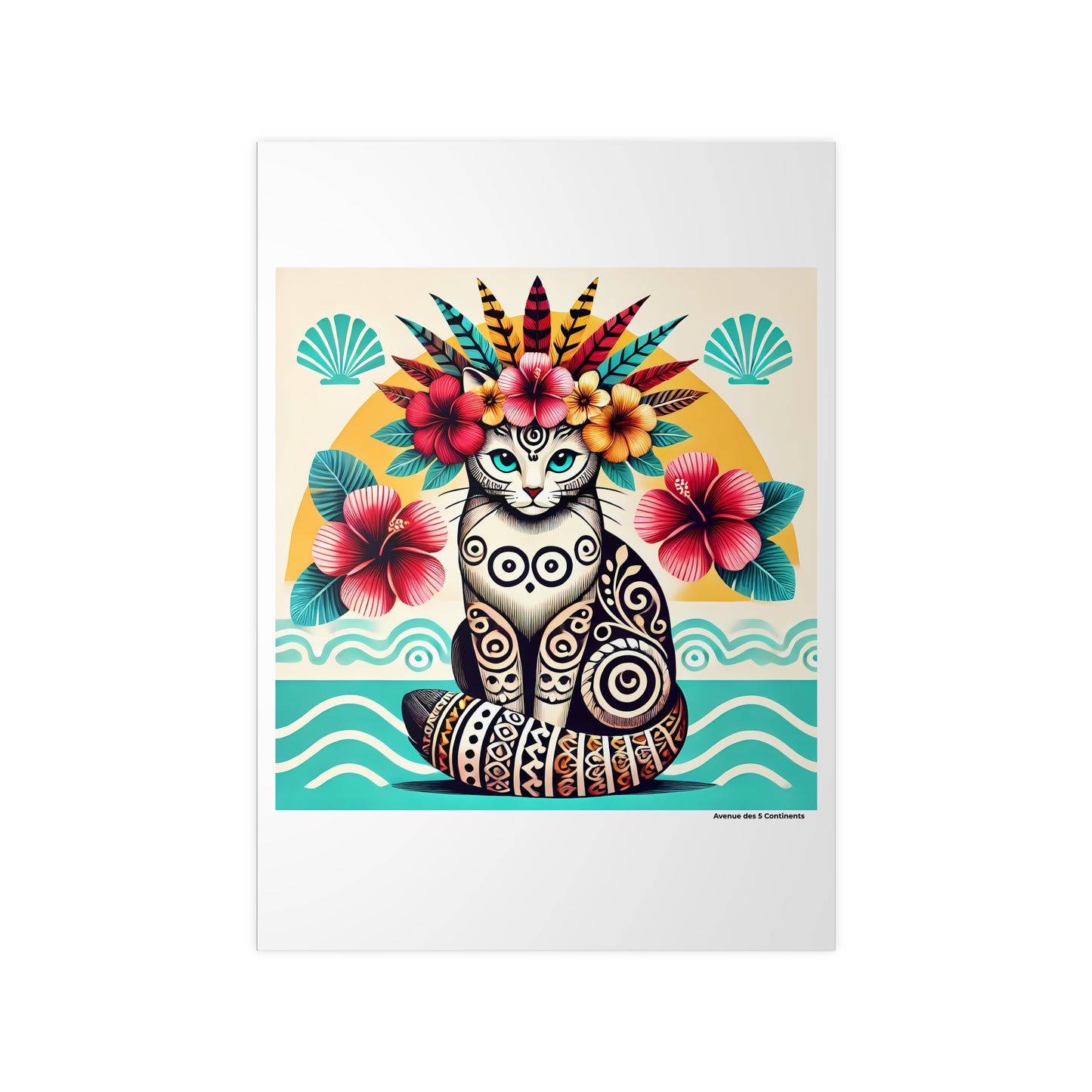 Affiche Artistique Chat Roi du Pacifique avec Tatouages et Couronne Tahitienne, Collection Océanie, Poster d'Art Mural et Décoration Originale