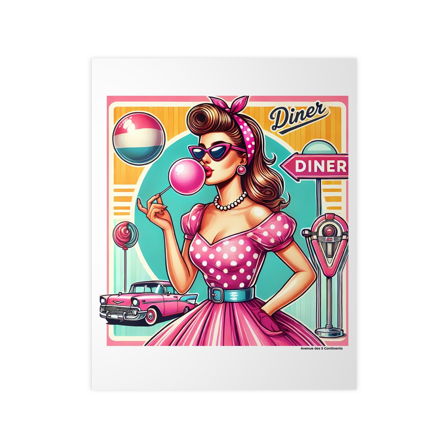 Affiche Artistique Femme Américaine Rétro Vintage : Bulle de Chewing-Gum au Drive-In Diner, Collection Amérique, Poster d'Art Mural et Décoration Originale