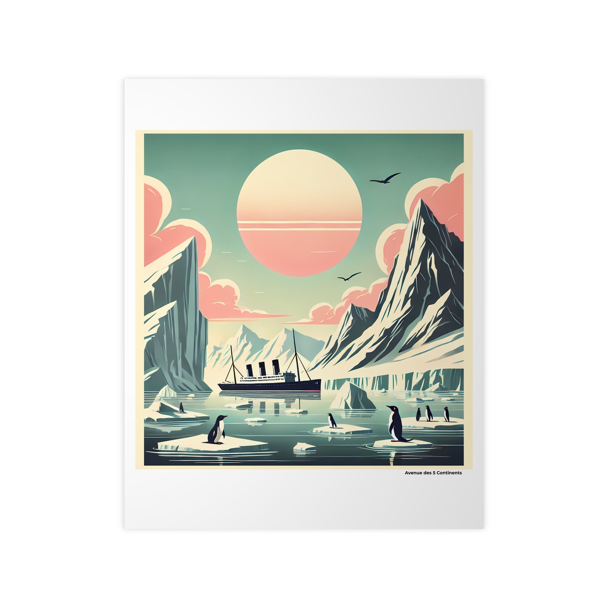 Affiche Artistique Navire au Pôle Sud, Accueilli par les Manchots de l'Antarctique, Collection Antarctique, Poster d'Art Mural et Décoration Originale