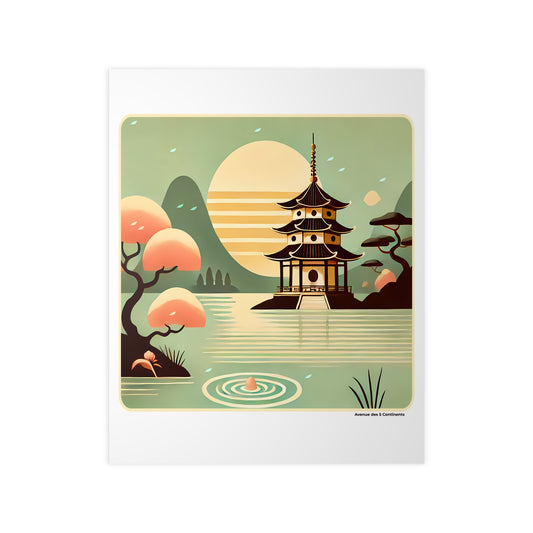 Affiche Artistique Paysage Zen Asiatique : Étang avec Pagode, Bonsaï et Cerisier Sakura, Collection Asie, Poster d'Art Mural et Décoration Originale