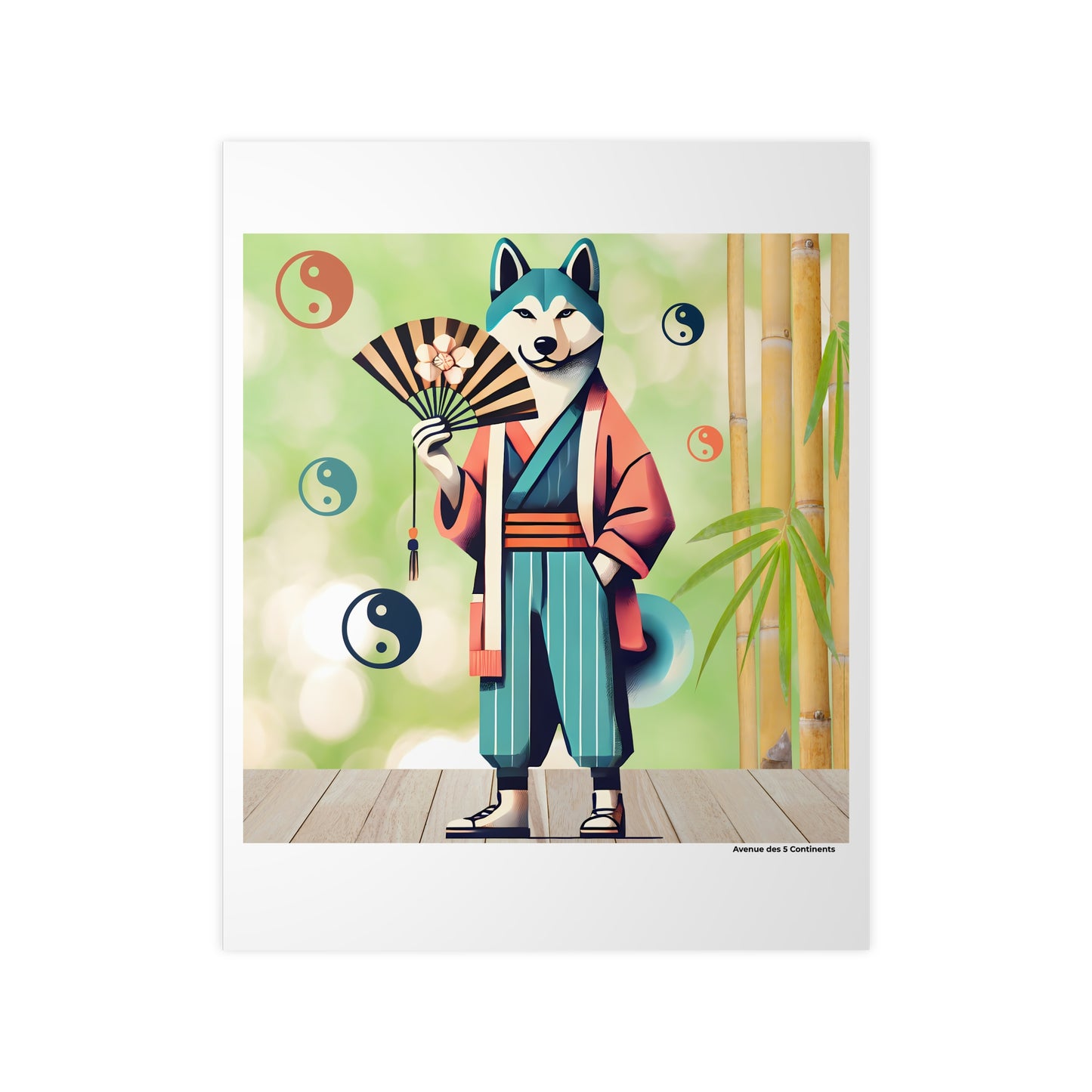 Affiche Artistique Chien Yin et Yang avec Kimono Asiatique et Éventail, Collection Asie, Poster d'Art Mural et Décoration Originale