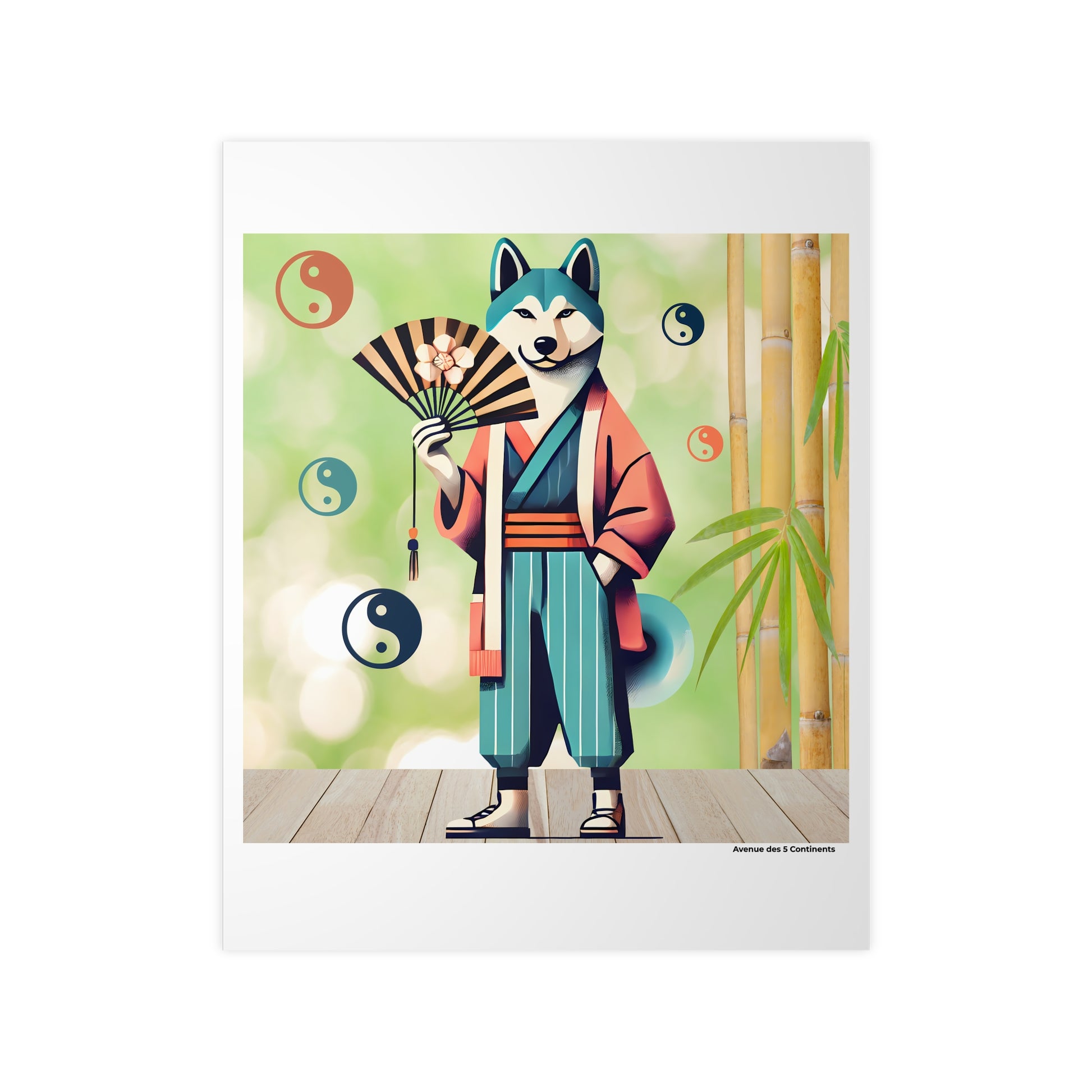 Affiche Artistique Chien Yin et Yang avec Kimono Asiatique et Éventail, Collection Asie, Poster d'Art Mural et Décoration Originale