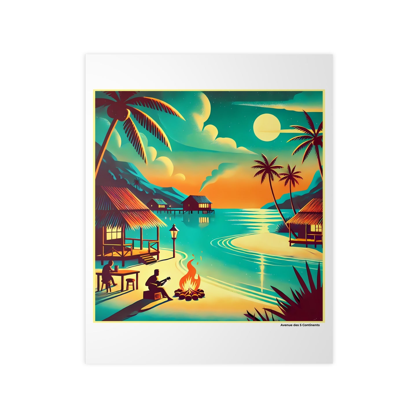Affiche Artistique Feu de Camp Océanien Sous les Cocotiers, Collection Océanie, Poster d'Art Mural et Décoration Originale