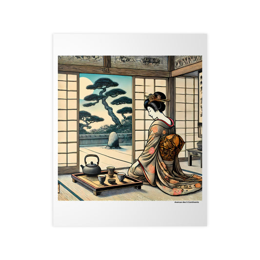 Affiche Artistique Cérémonie du Thé de la Geisha : dans l'Okiya du Bonsaï, Collection Asie, Poster d'Art Mural et Décoration Originale
