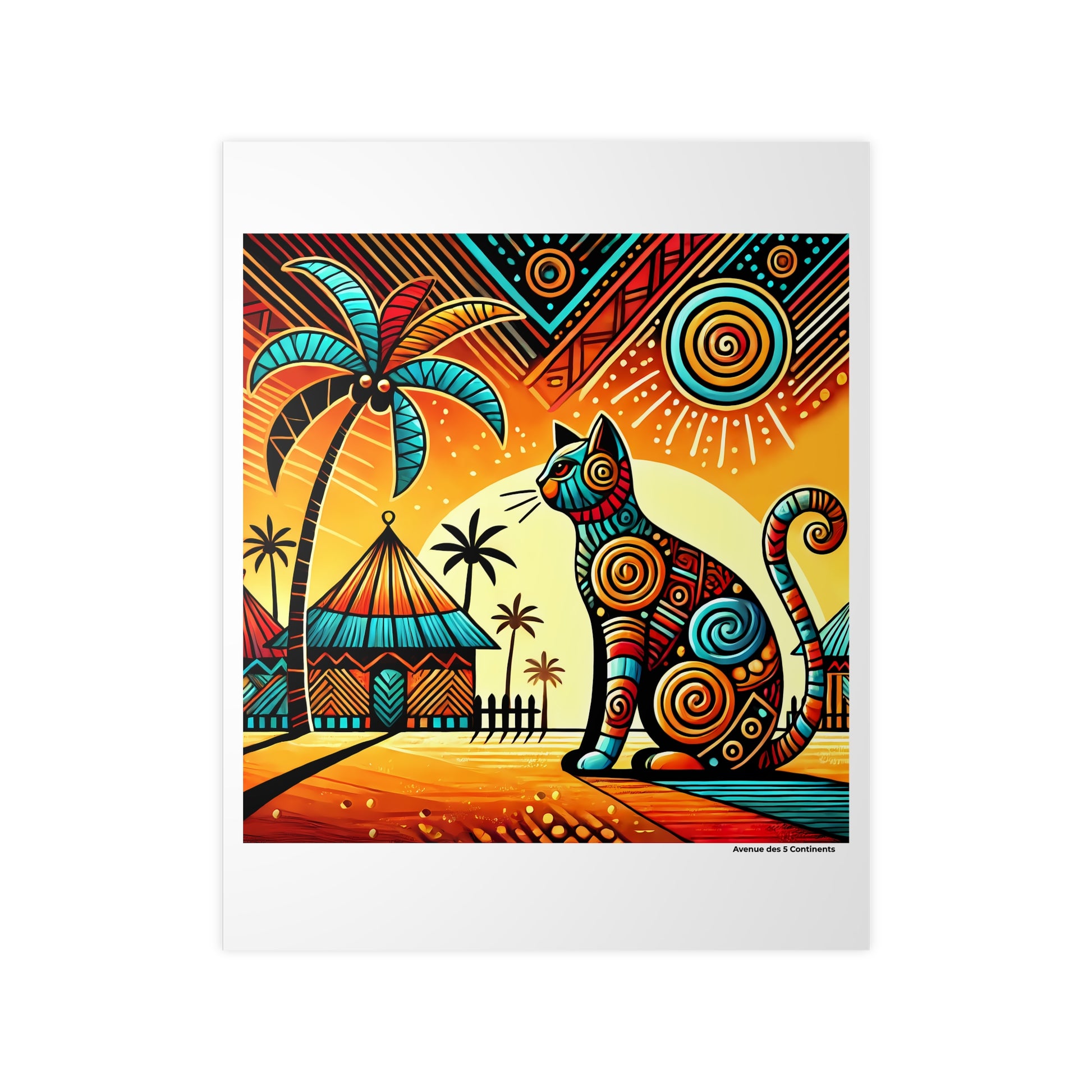 Affiche Artistique Chat Gardien de Village Africain, Collection Afrique, Poster d'Art Mural et Décoration Originale