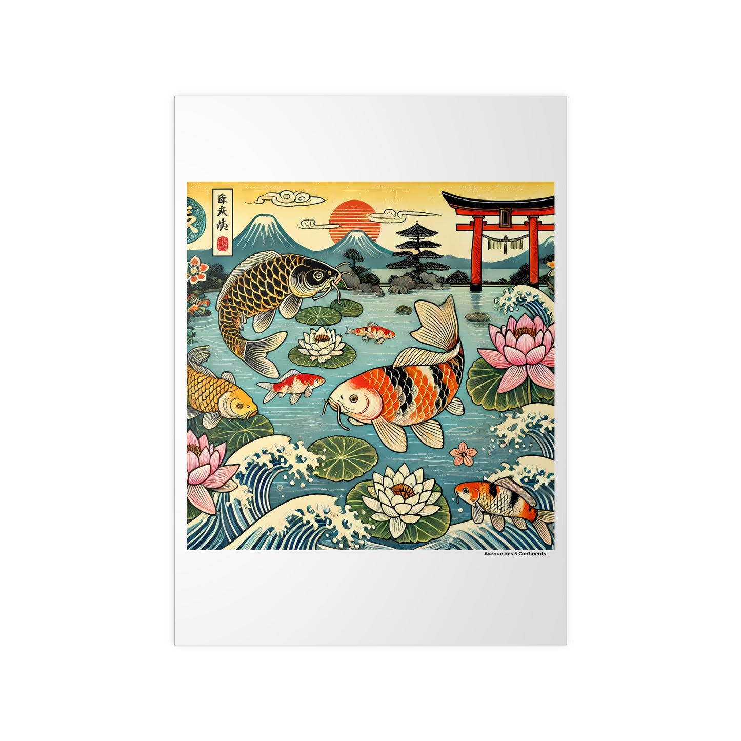 Affiche Artistique Danse de Carpe Koi, Poissons et Nénuphars, au Seuil du Torii Sacré, Collection Asie, Poster d'Art Mural et Décoration Originale
