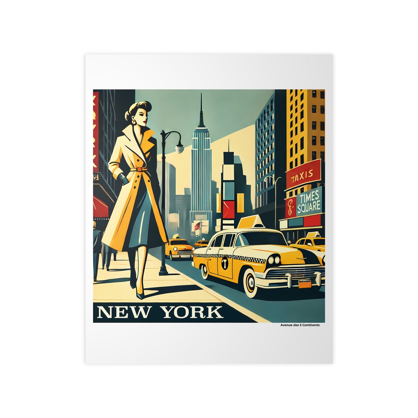 Affiche Artistique Times Square et Taxis Rétro Vintage, New York États-Unis, Collection Amérique, Poster d'Art Mural et Décoration Originale